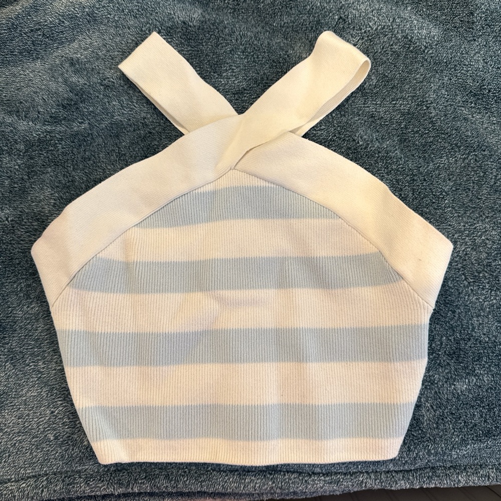 Aritzia Cream and Blue Striped Halter Crop Top